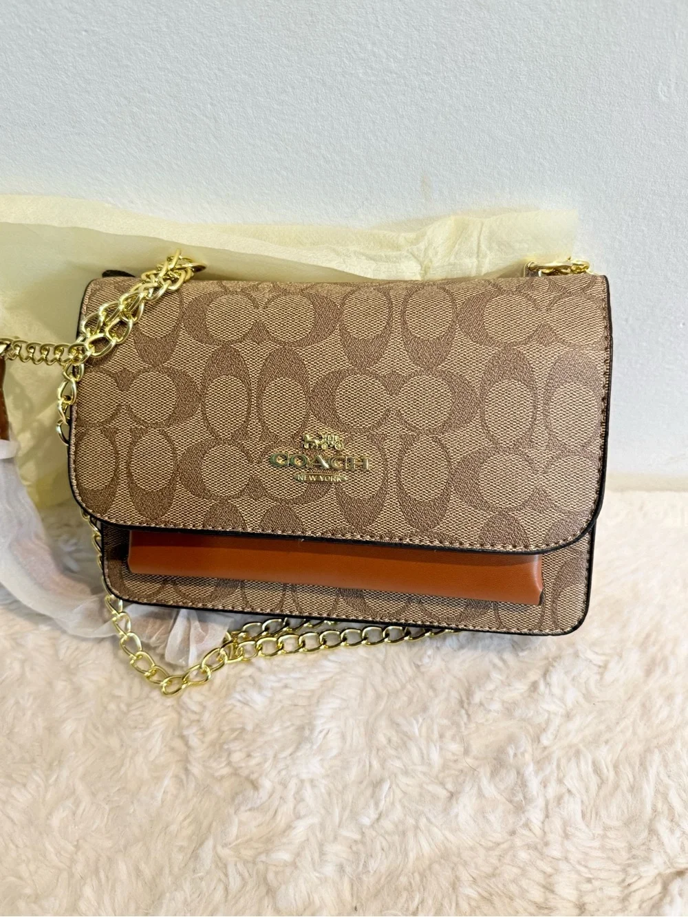 Coach Tan Signature Canvas Crossbody with Gold Chain